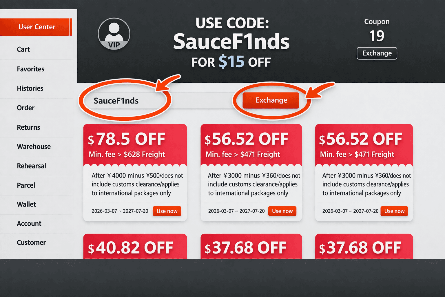 How to use coupon on KakoBuy — type code and click Exchange